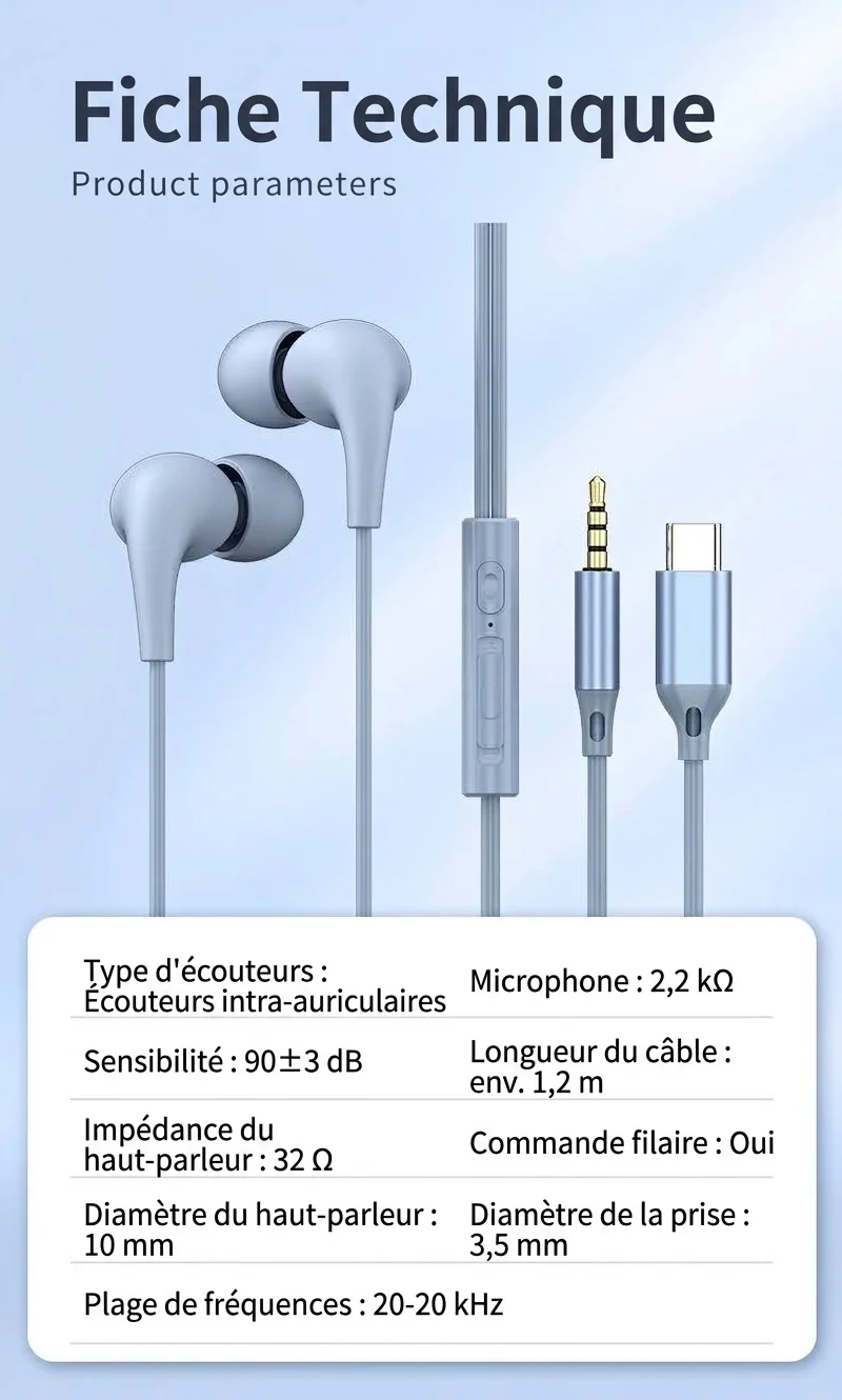 Wired In-Ear Stereo Earbuds with In-Line Mic & Volume Control, 10mm Drivers, 3.5mm / USB-C