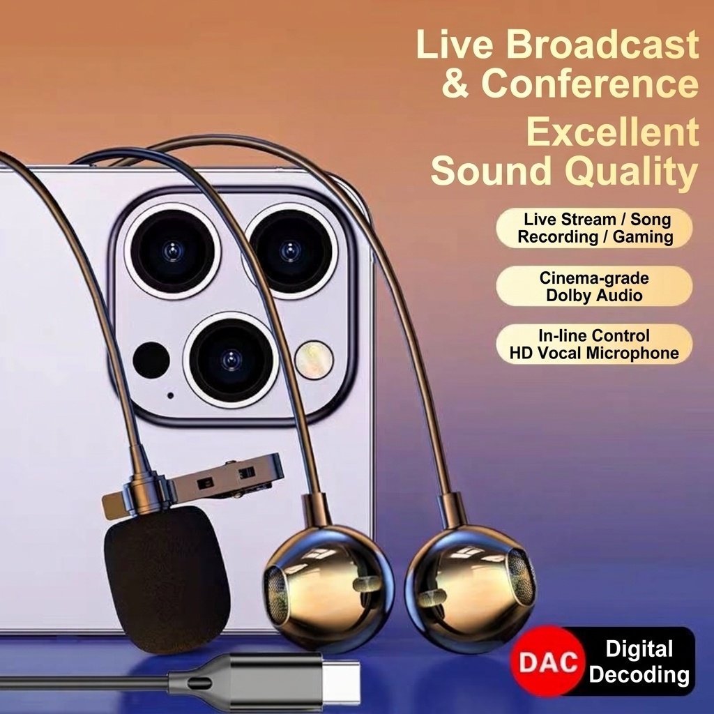 Type-C Wired Earbuds with HD Mic, DAC Digital Audio, 14.2mm Drivers, USB Adapter for Gaming