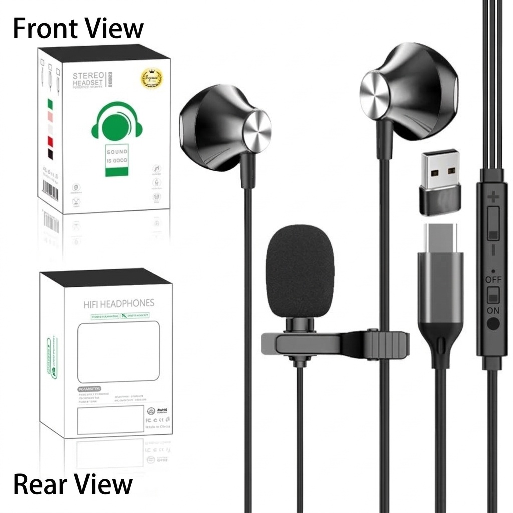 Type-C Wired Earbuds with HD Mic, DAC Digital Audio, 14.2mm Drivers, USB Adapter for Gaming