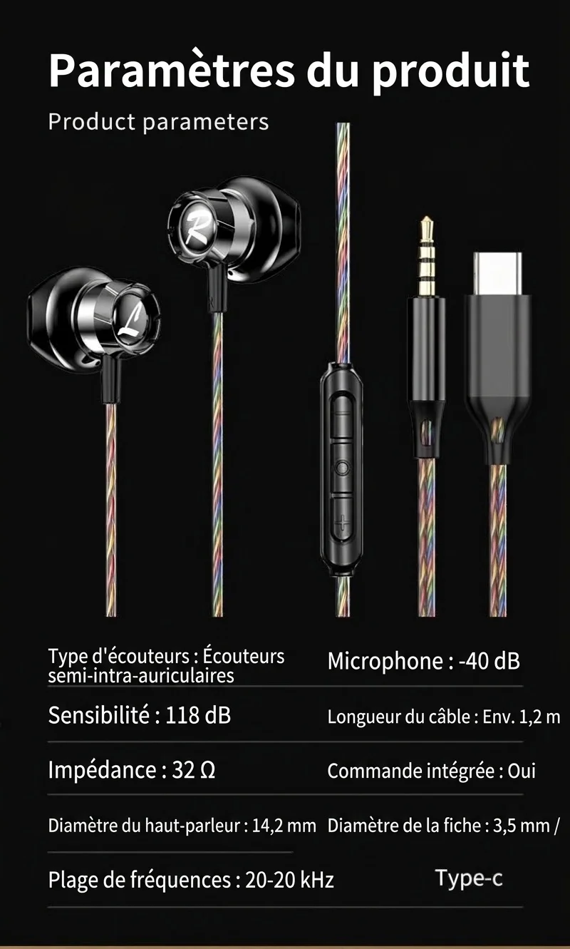 HiFi Wired In-Ear Earbuds with Mic, 14.2mm Drivers, Passive Noise Isolation, 3.5mm / USB-C
