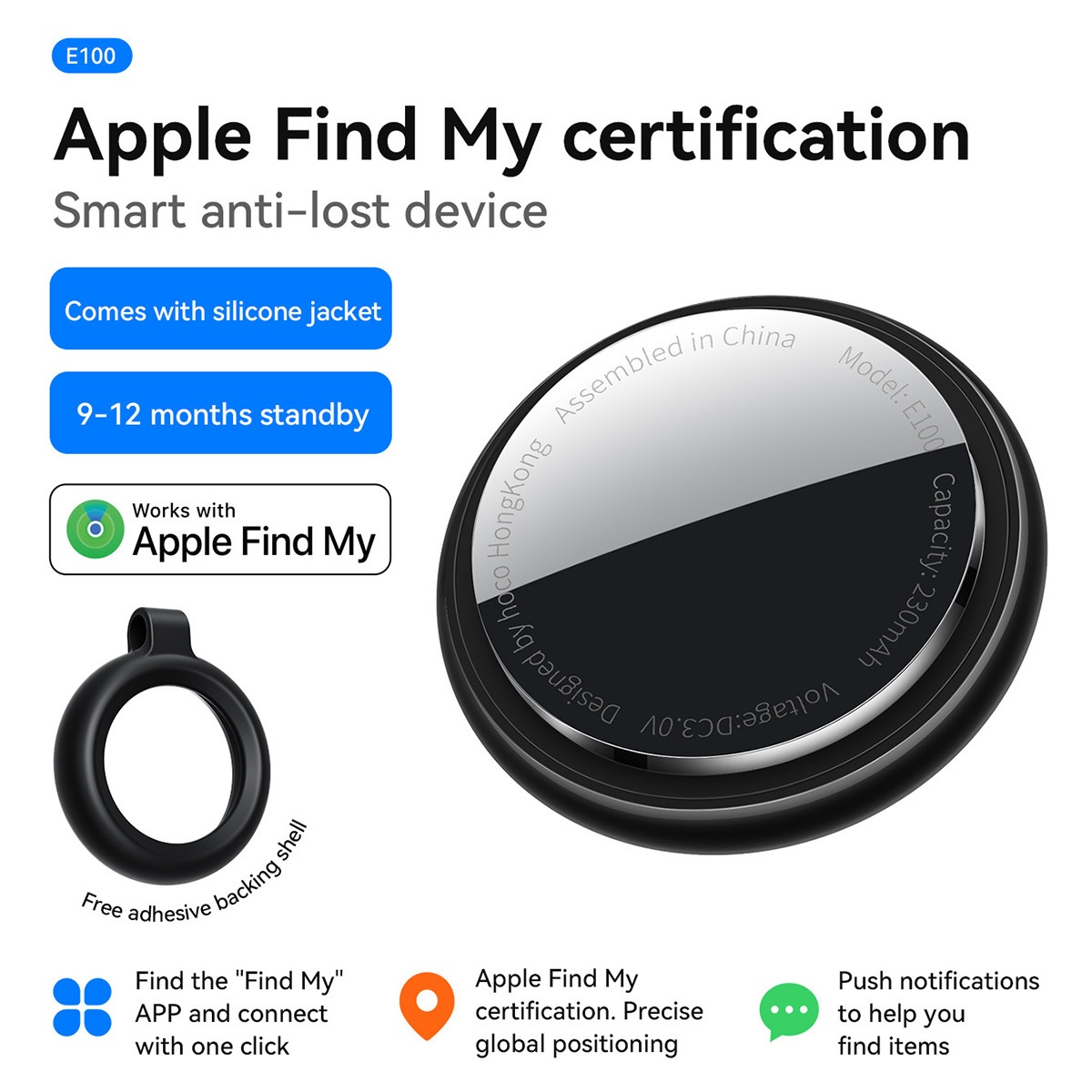 Smart E100 Anti-Lost Device with Apple Find My Network - Black