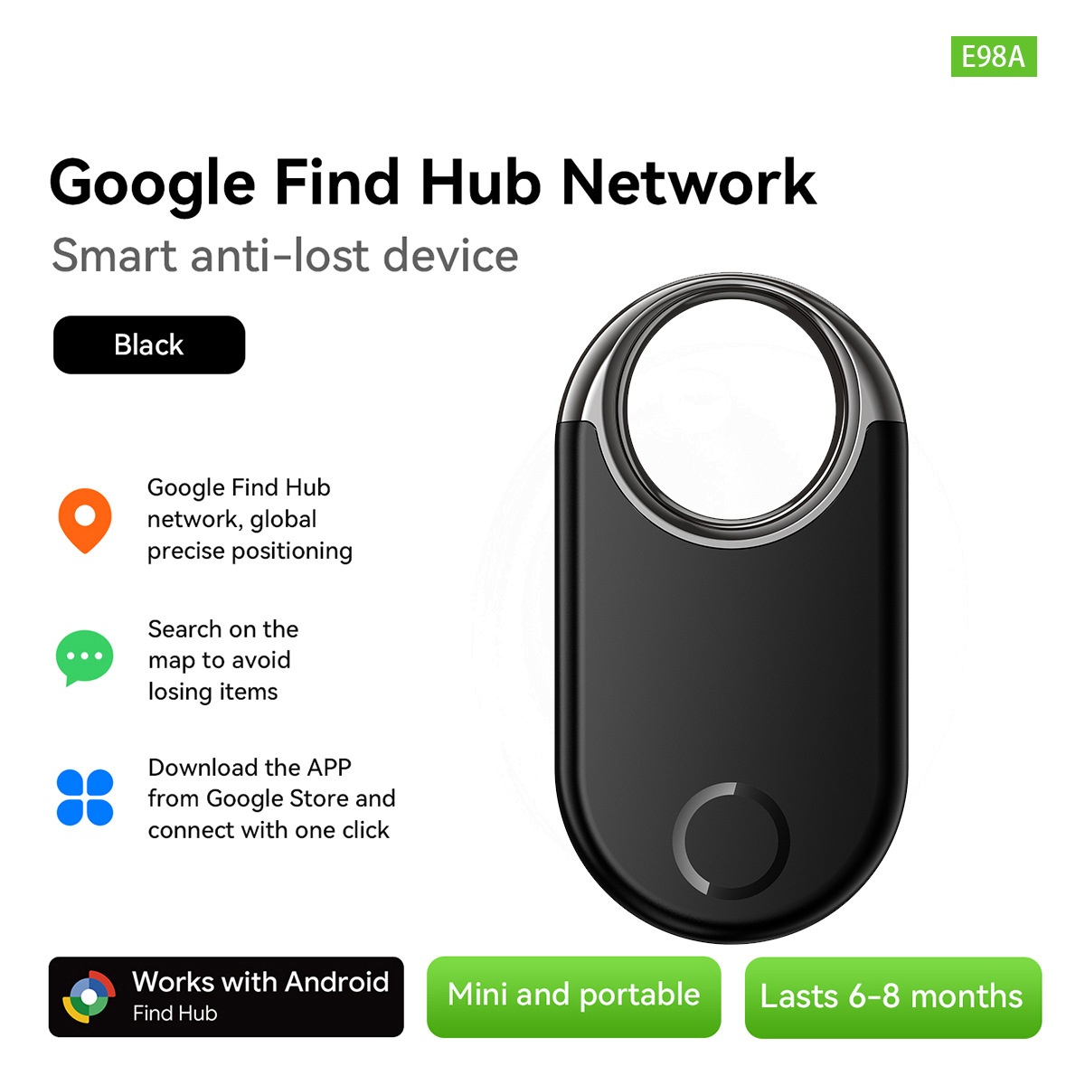 Google E98A Find My Device Smart Anti-Lost Tracker Keychain - Black
