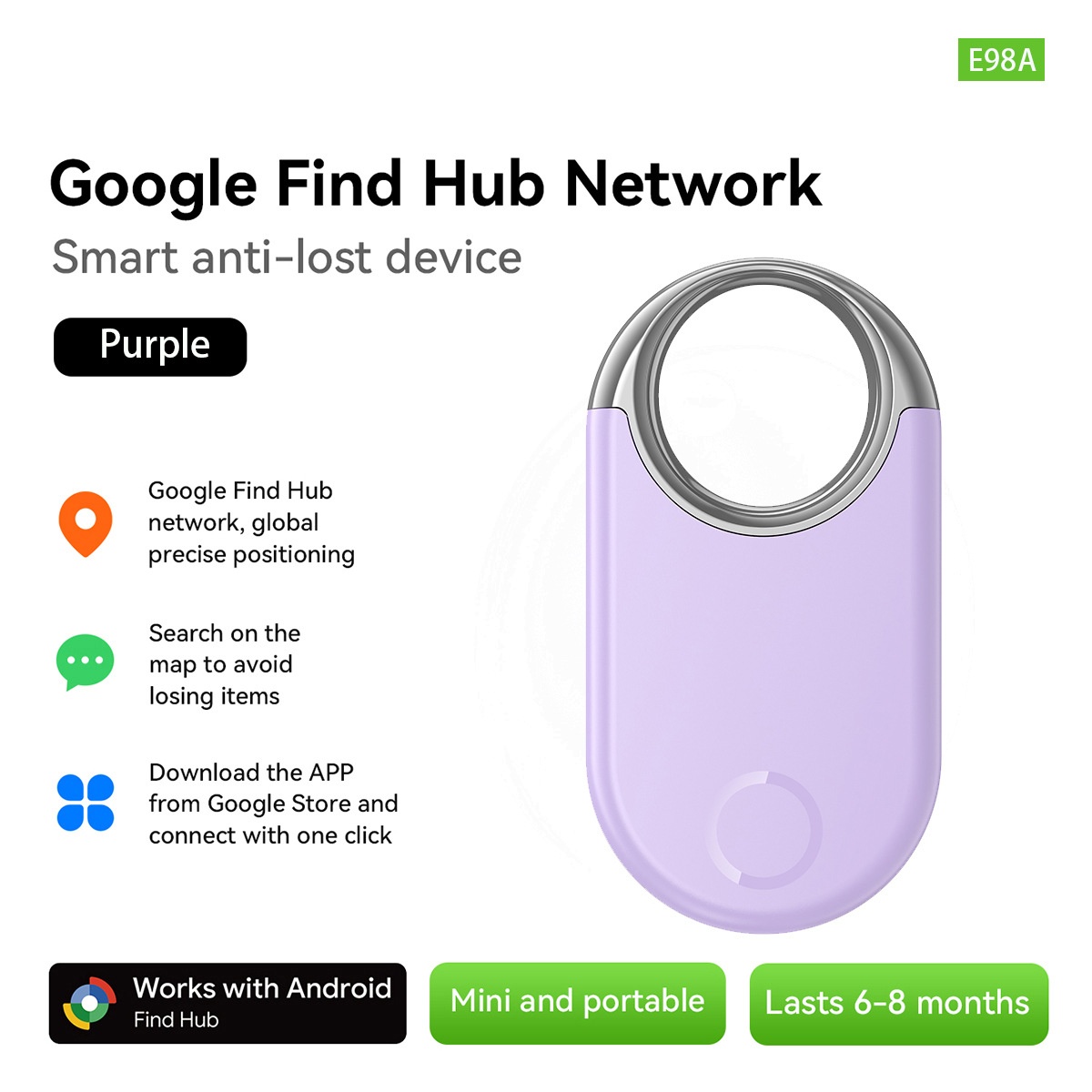 Google E98A Find My Device Smart Anti-Lost Tracker Keychain - Purple