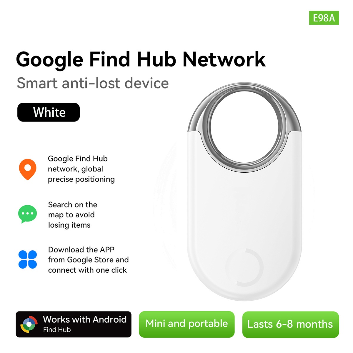 Google E98A Find My Device Smart Anti-Lost Tracker Keychain - White