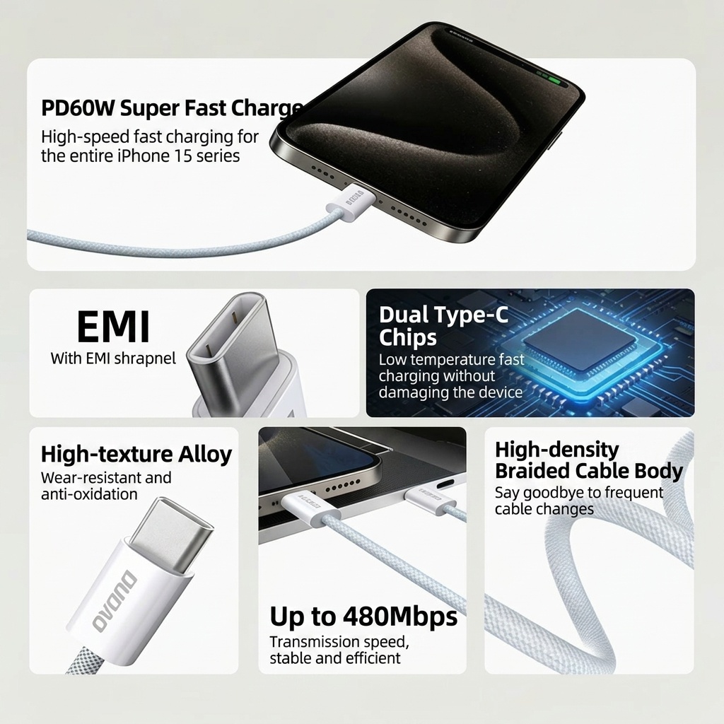 Cable de datos trenzado USB-C a USB-C de carga rápida PD de 60 W, transferencia de datos de alta velocidad de 480 Mbps, diseño duradero, color gris.