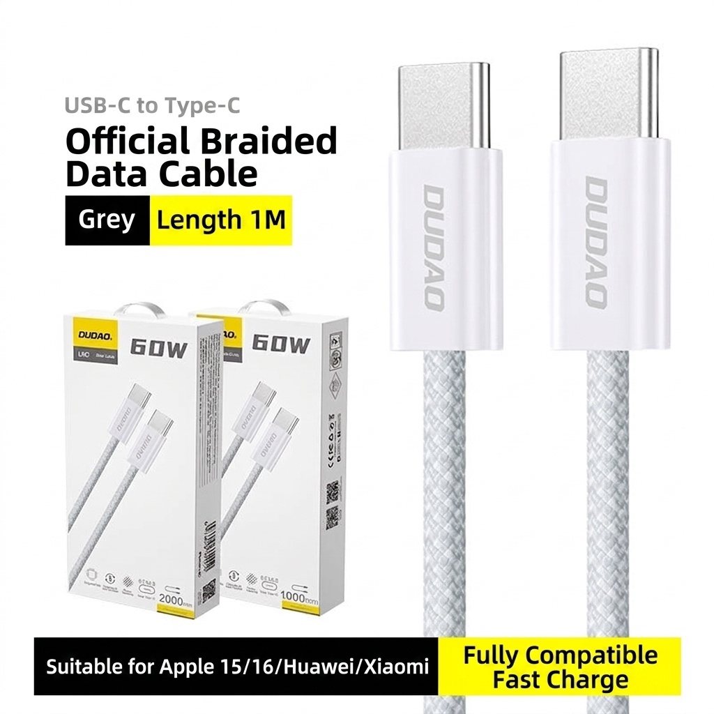 Cable de datos trenzado USB-C a USB-C de carga rápida PD de 60 W, transferencia de datos de alta velocidad de 480 Mbps, diseño duradero, color gris.
