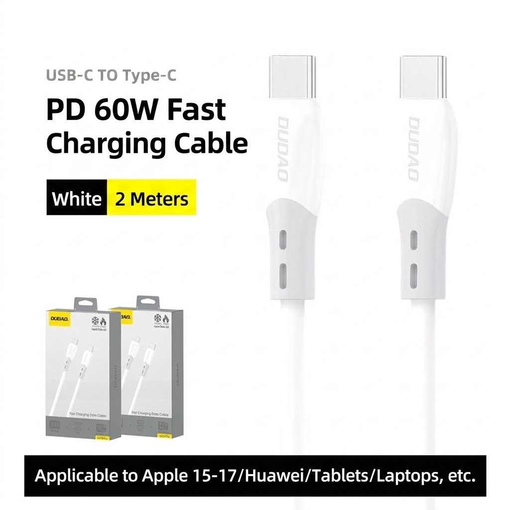 DUDADO 60W PD Fast Charging Data Cable for iPhone & Android, 480Mbps, Liquid Soft Gel, White/Grey