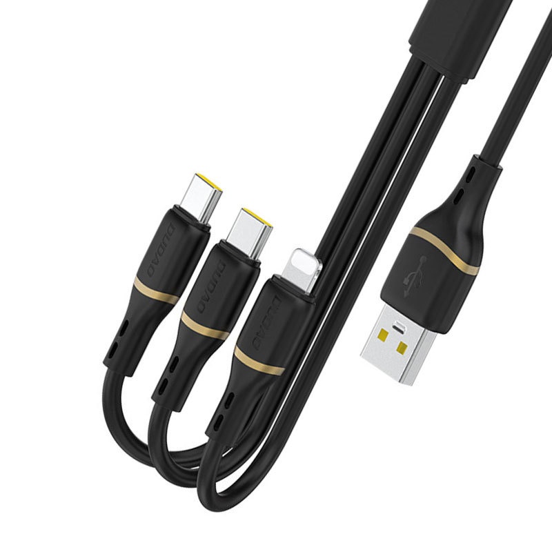 Cable USB-C/Lightning/USB-A 3 en 1 de silicona líquida con carga rápida de 66 W, duradero y sin enredos, color blanco.