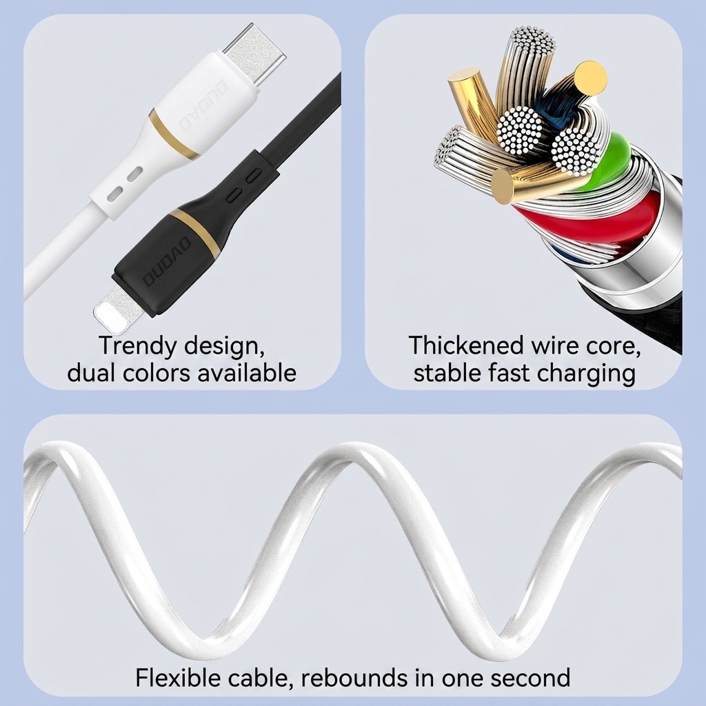 Cable USB-C/Lightning/USB-A 3 en 1 de silicona líquida con carga rápida de 66 W, duradero y sin enredos, color blanco.