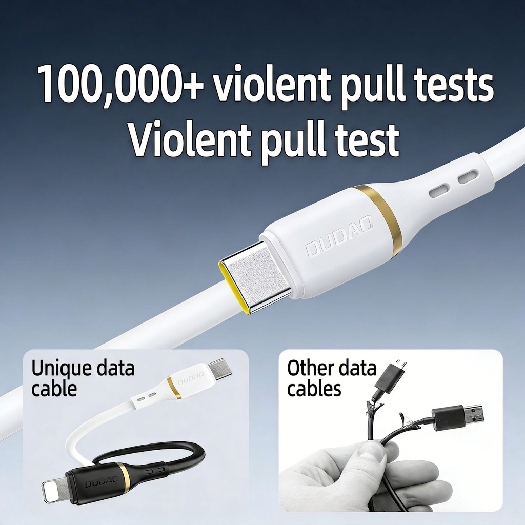 Cable USB-C/Lightning/USB-A 3 en 1 de silicona líquida con carga rápida de 66 W, duradero y sin enredos, color blanco.