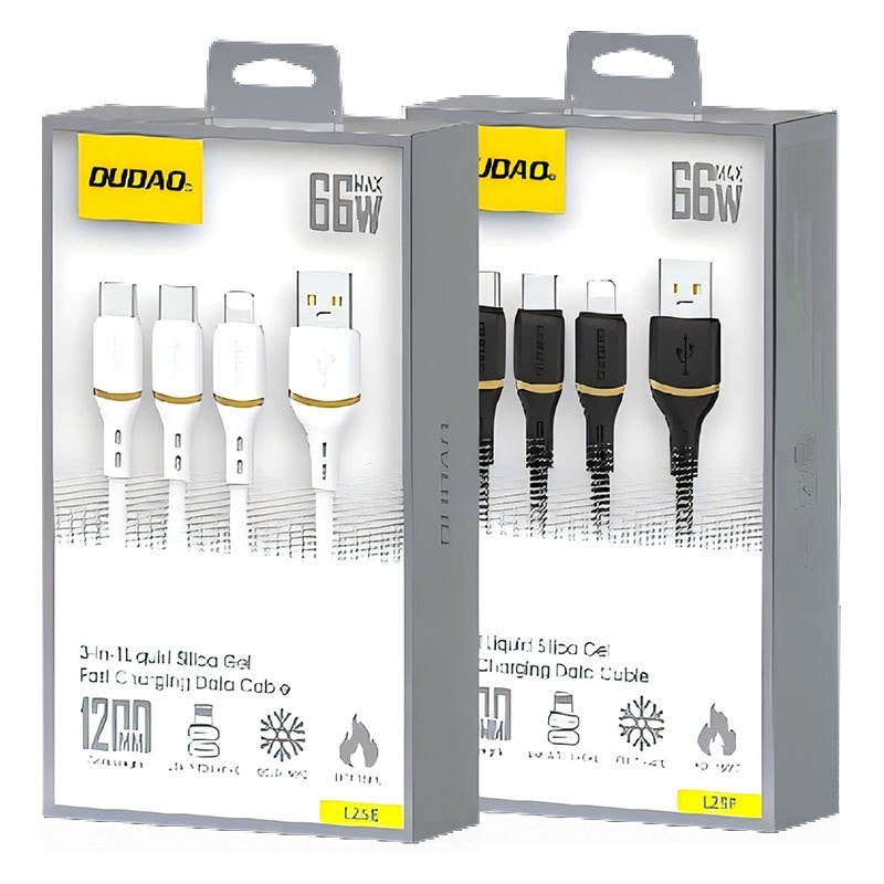 Cable USB-C/Lightning/USB-A 3 en 1 de silicona líquida con carga rápida de 66 W, duradero y sin enredos, color blanco.
