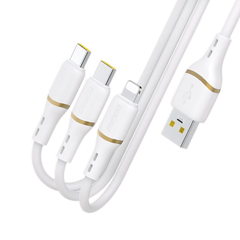Cable USB-C/Lightning/USB-A 3 en 1 de silicona líquida con carga rápida de 66 W, duradero y sin enredos, color blanco.