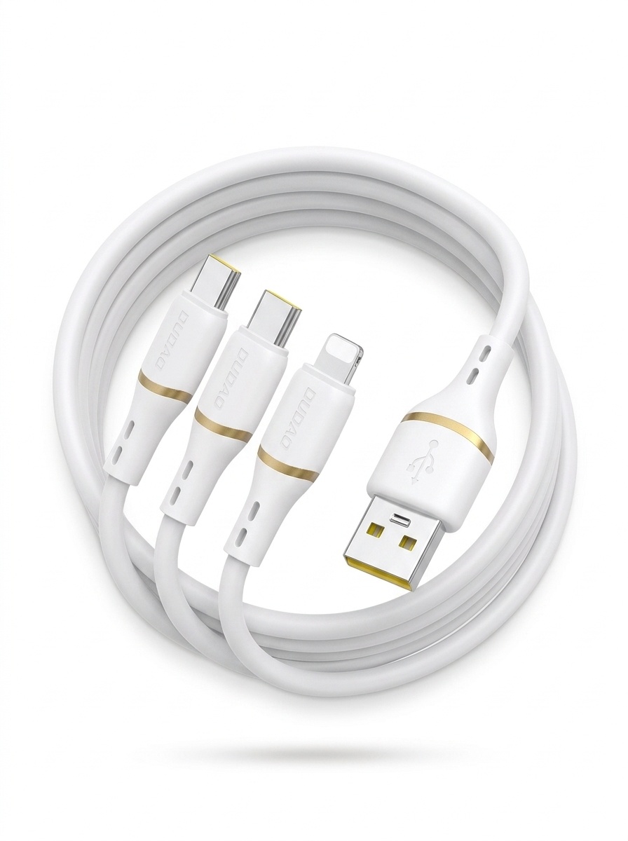 Cable USB-C/Lightning/USB-A 3 en 1 de silicona líquida con carga rápida de 66 W, duradero y sin enredos, color blanco.