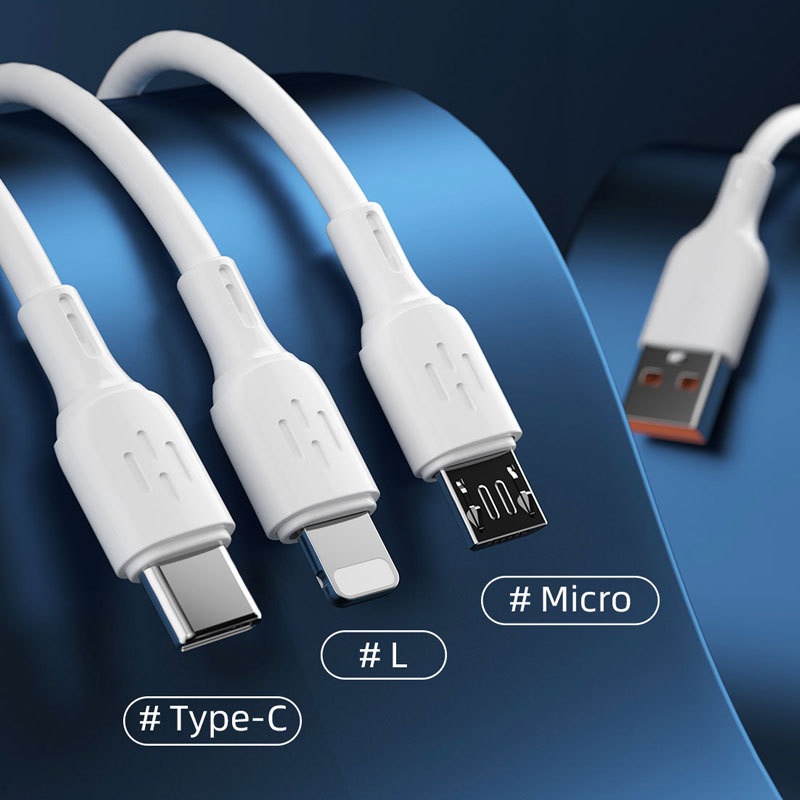 Câble de charge rapide 3 en 1, connecteurs USB-C, Lightning et micro-USB, protection par puce intelligente 6 A, blanc