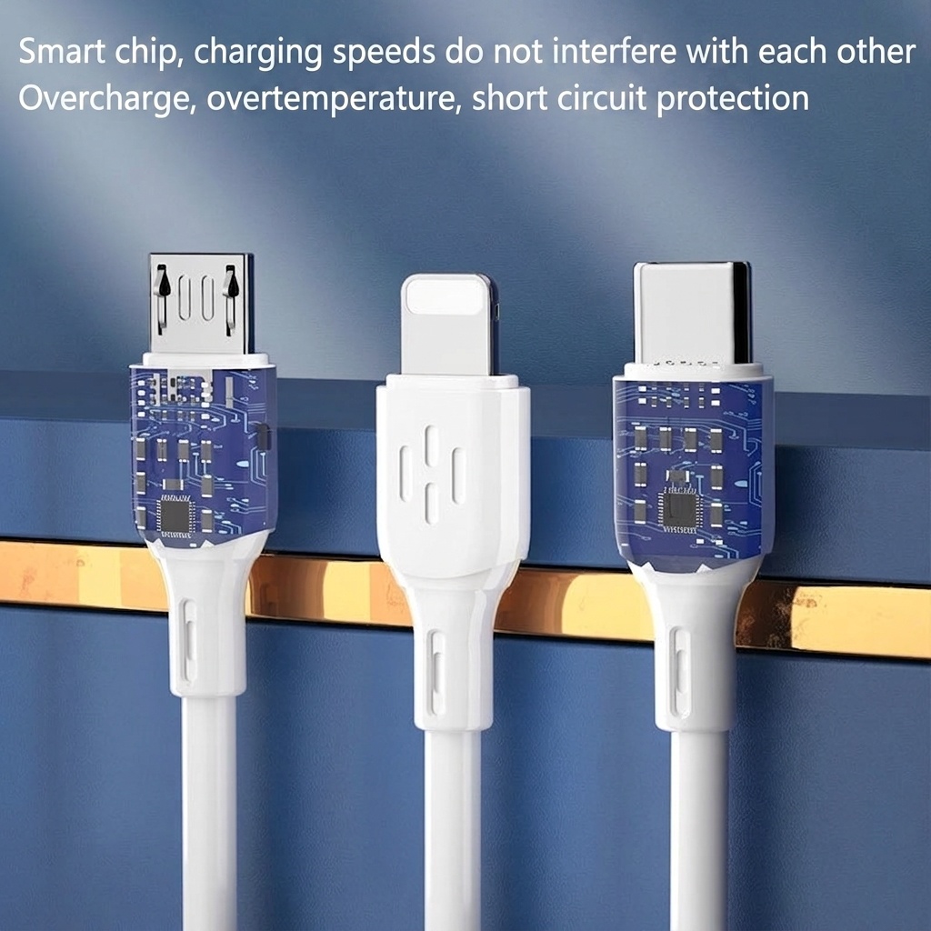 Câble de charge rapide 3 en 1, connecteurs USB-C, Lightning et micro-USB, protection par puce intelligente 6 A, blanc