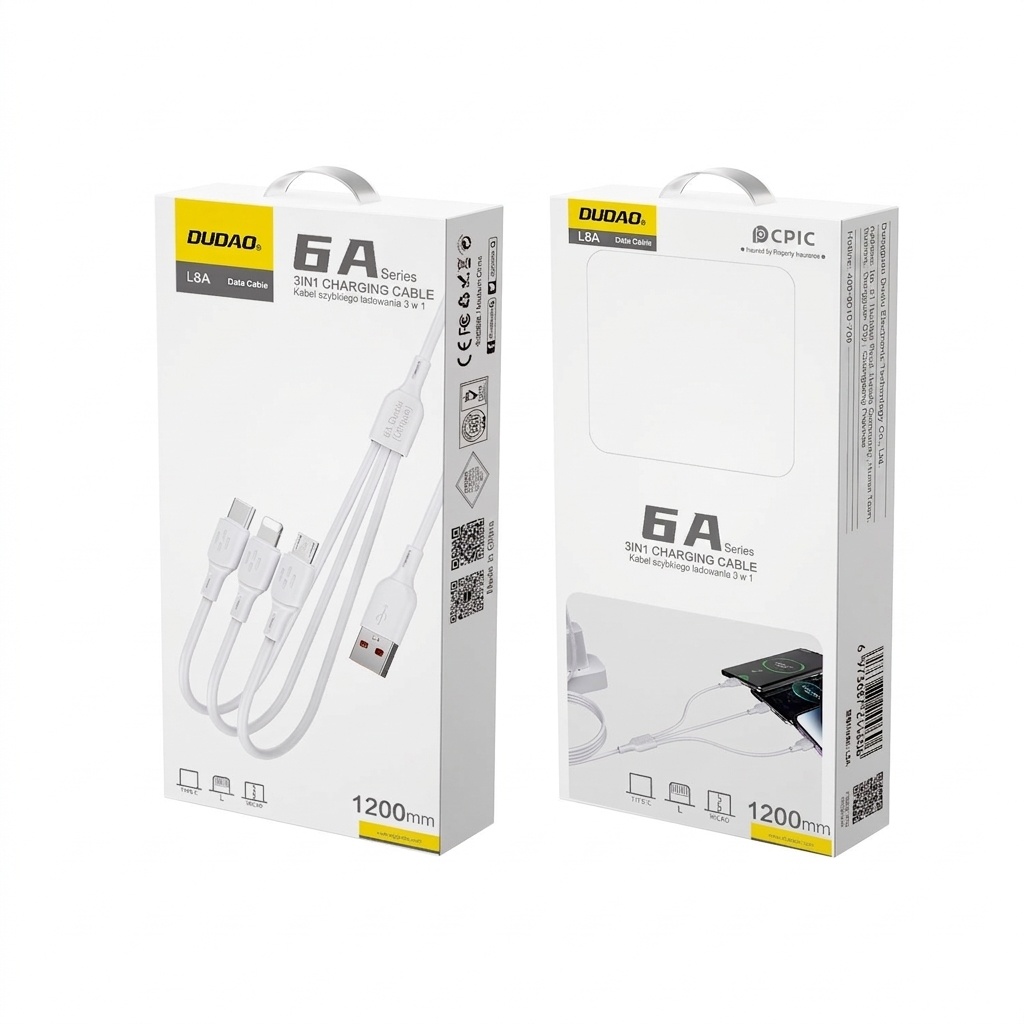 Câble de charge rapide 3 en 1, connecteurs USB-C, Lightning et micro-USB, protection par puce intelligente 6 A, blanc