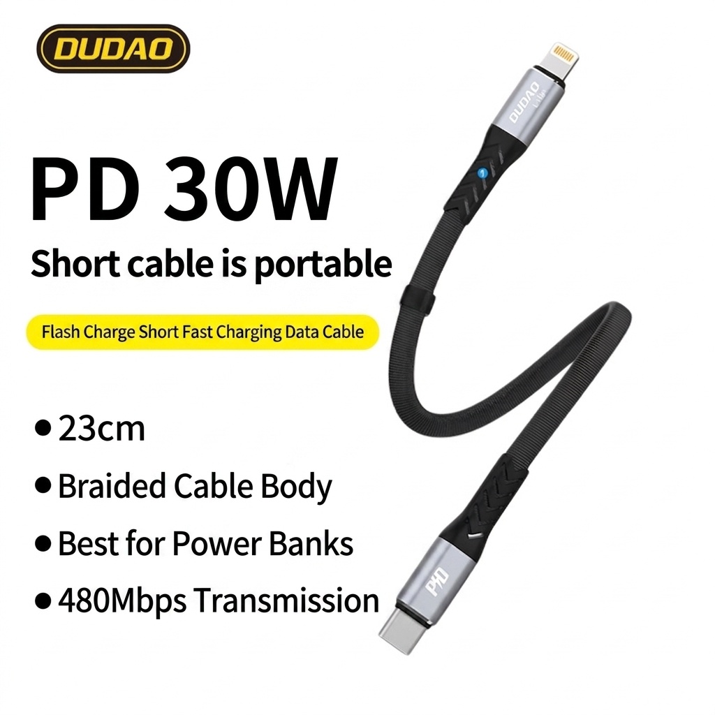 PD 30W Fast Charge Braided Data Cable, USB-C to Lightning, 480Mbps Data Transfer, 23cm, Black