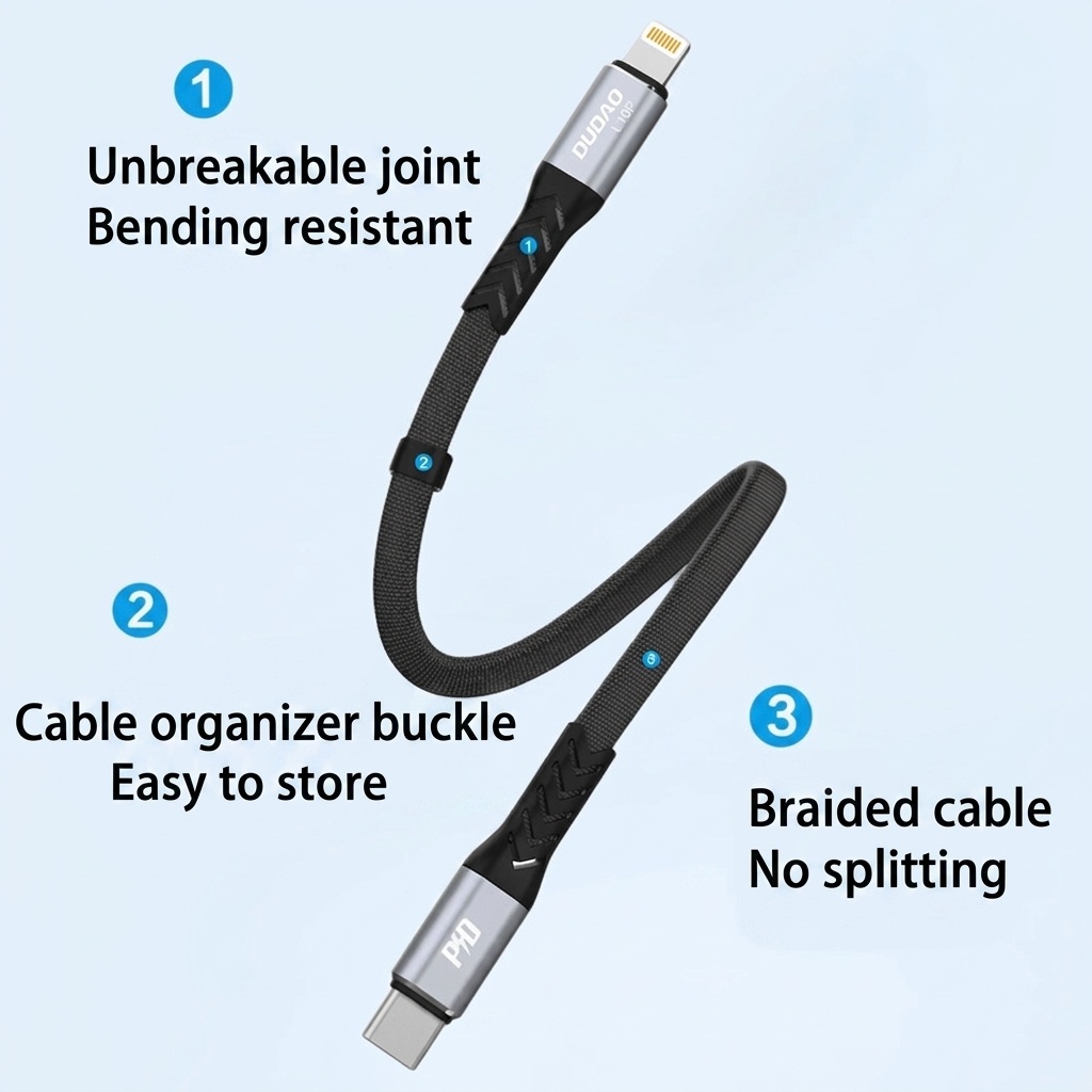 PD 30W Fast Charge Braided Data Cable, USB-C to Lightning, 480Mbps Data Transfer, 23cm, Black