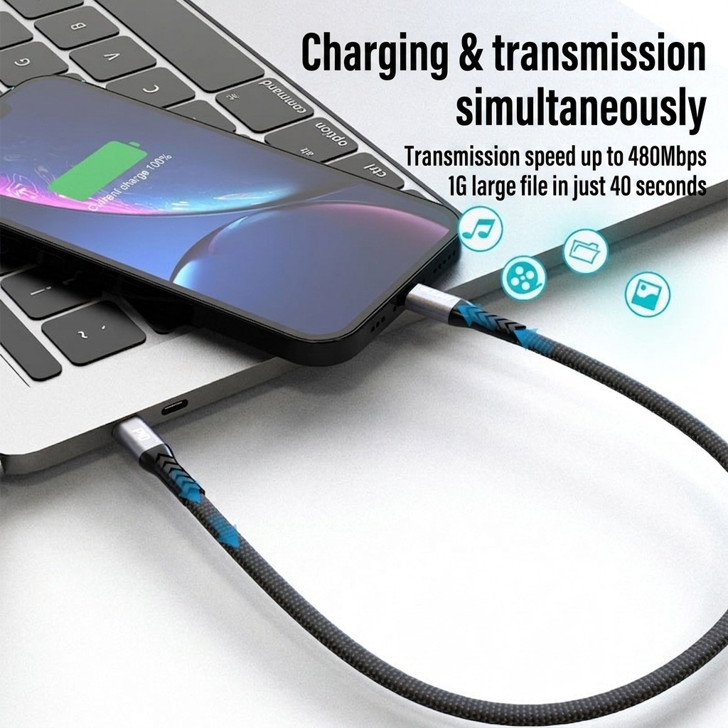 PD 30W Fast Charge Braided Data Cable, USB-C to Lightning, 480Mbps Data Transfer, 23cm, Black