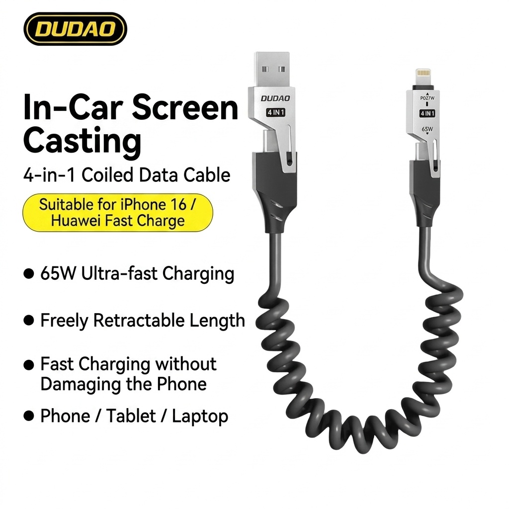 4-in-1 Retractable 65W Fast Charging Data Cable, USB-A/Type-C/Lightning Universal Compatibility, Tangle-Free