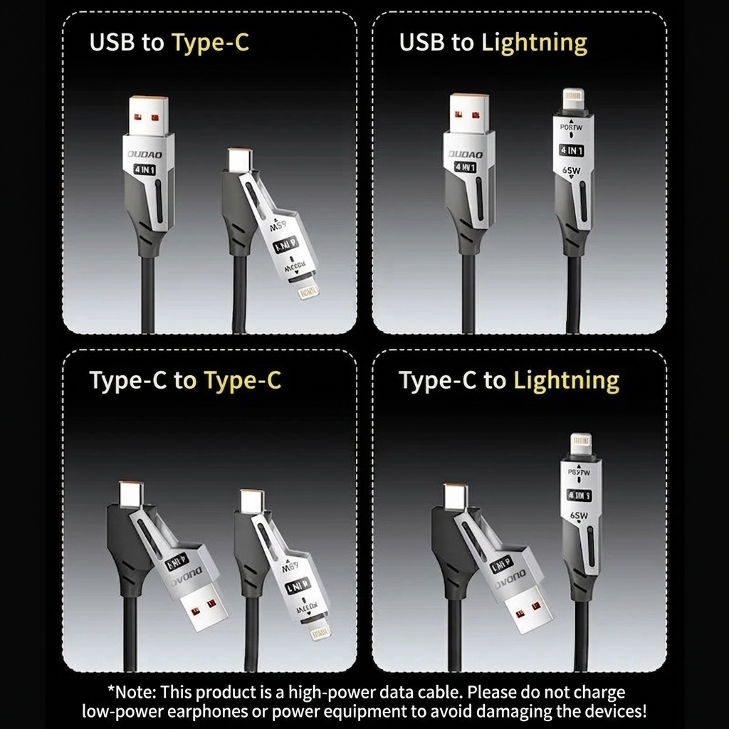 4-in-1 Retractable 65W Fast Charging Data Cable, USB-A/Type-C/Lightning Universal Compatibility, Tangle-Free