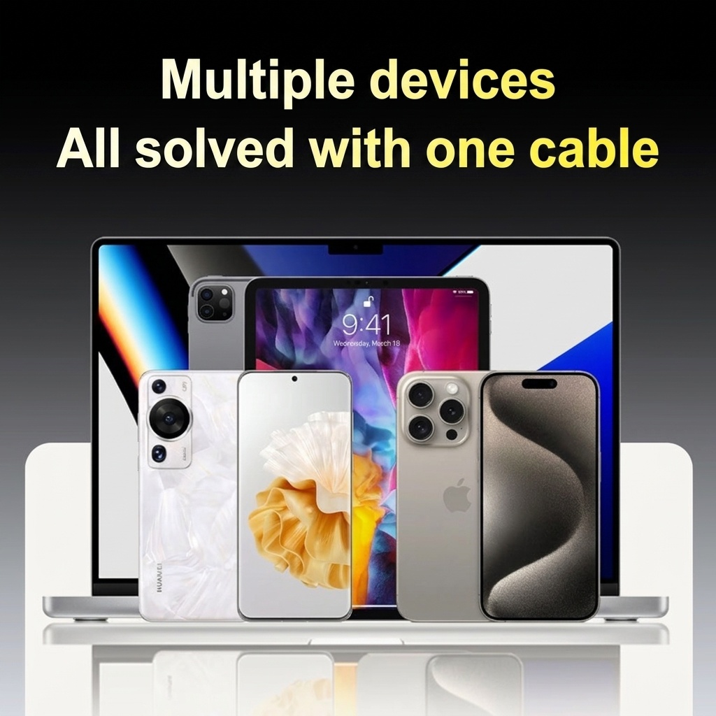 4-in-1 Retractable 65W Fast Charging Data Cable, USB-A/Type-C/Lightning Universal Compatibility, Tangle-Free