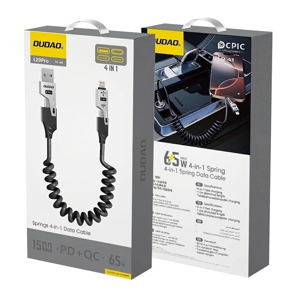 4-in-1 Retractable 65W Fast Charging Data Cable, USB-A/Type-C/Lightning Universal Compatibility, Tangle-Free