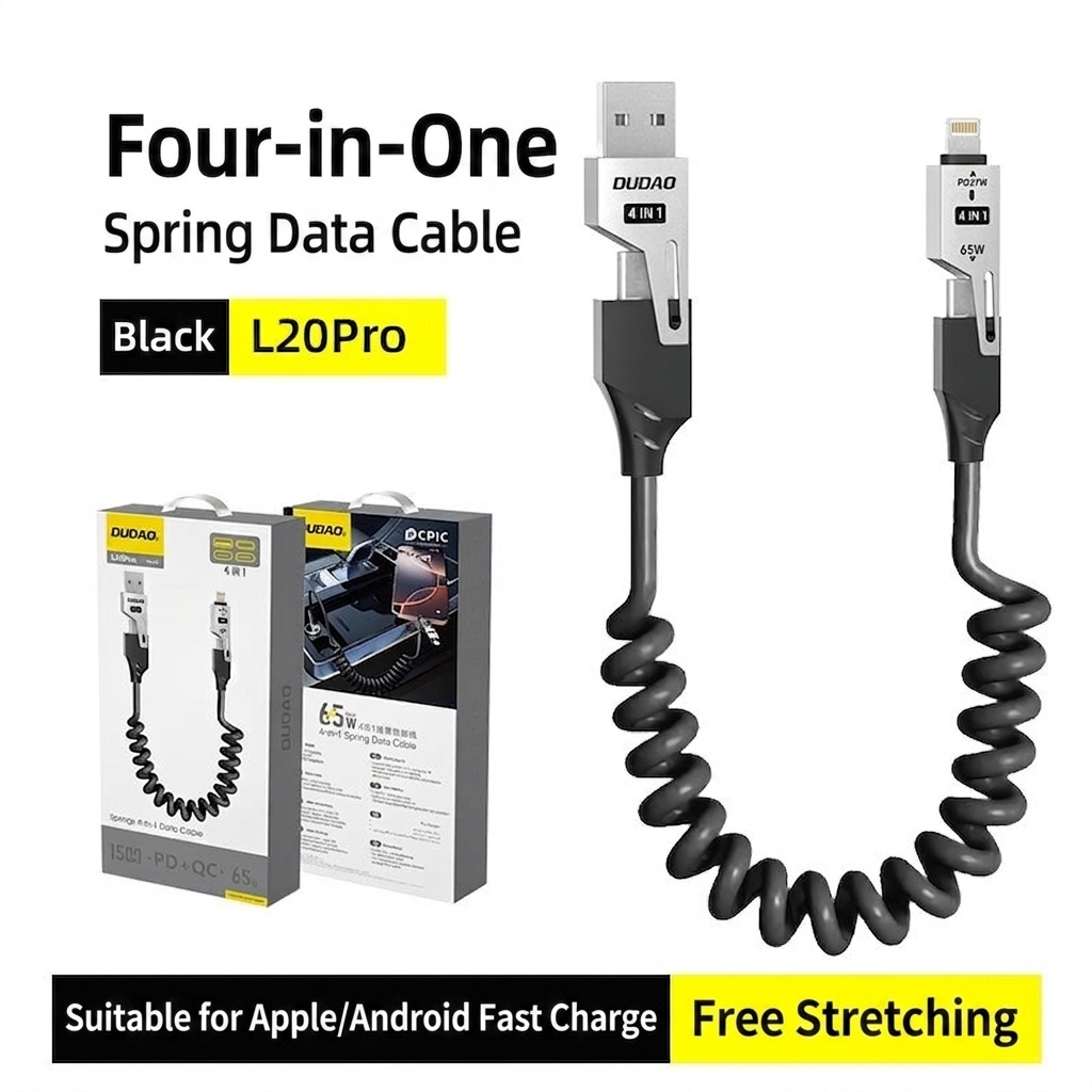 4-in-1 Retractable 65W Fast Charging Data Cable, USB-A/Type-C/Lightning Universal Compatibility, Tangle-Free