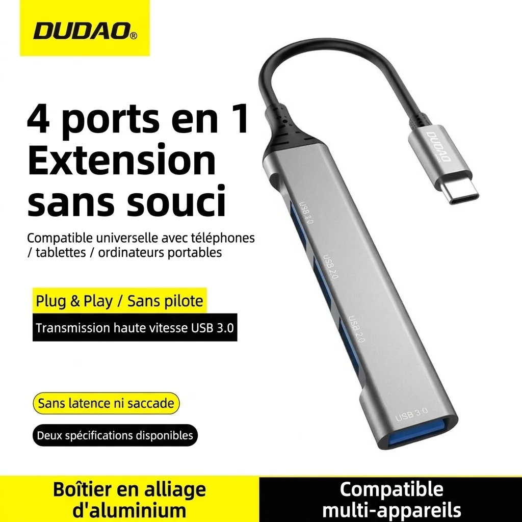 Adaptateur hub USB-C 4 en 1 avec 1 port USB 3.0 et 3 ports USB 2.0, boîtier en alliage d'aluminium pour un transfert haute vitesse
