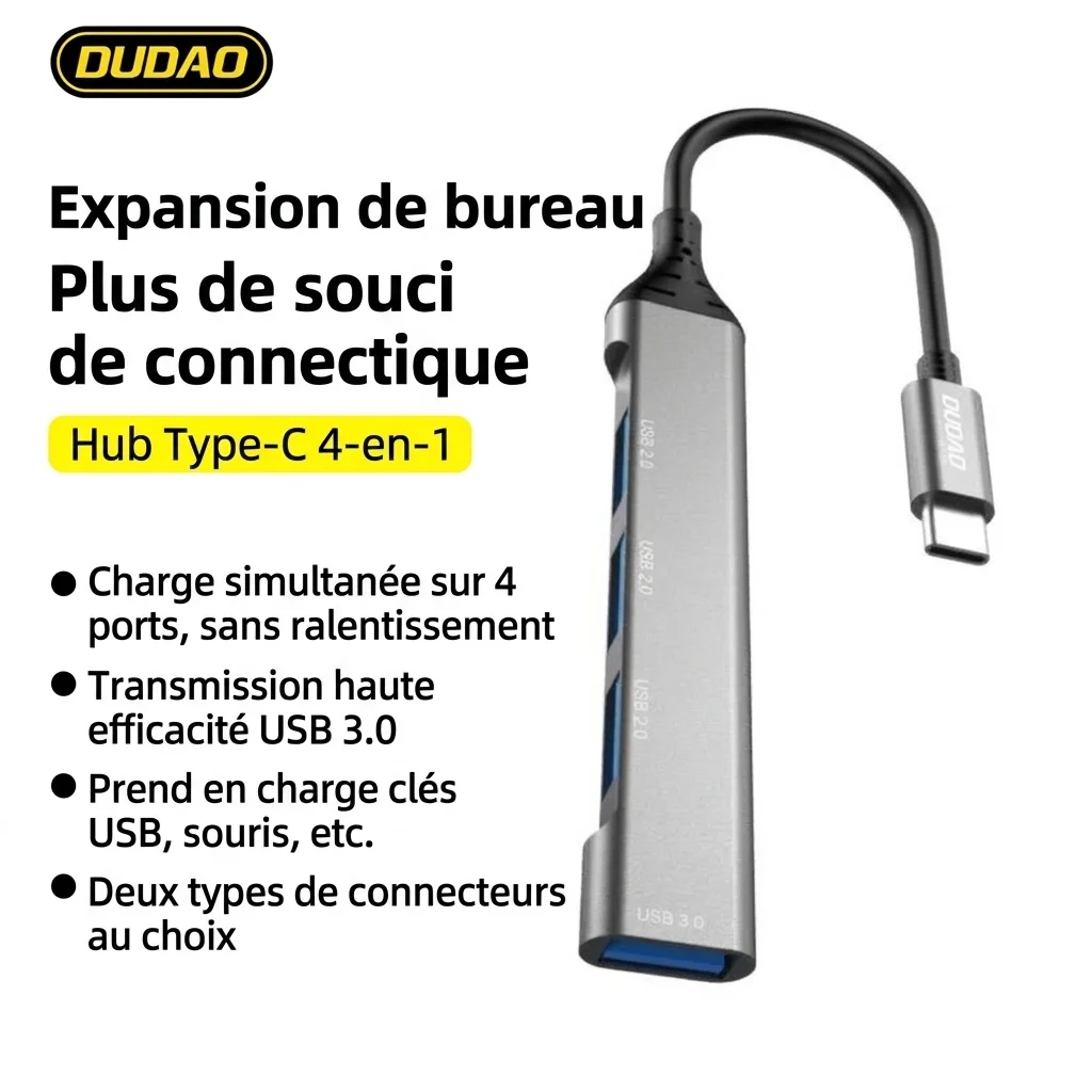 Adaptateur hub USB-C 4 en 1 avec 1 port USB 3.0 et 3 ports USB 2.0, boîtier en alliage d'aluminium pour un transfert haute vitesse