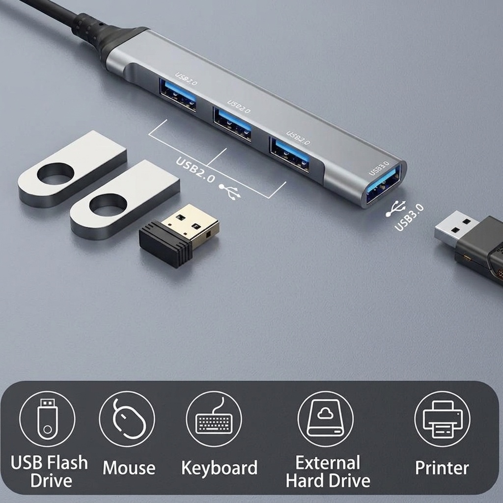 4-in-1 USB C Hub Adapter with 1x USB 3.0 & 3x USB 2.0 Ports, Aluminum Alloy Casing for High-Speed Transfer