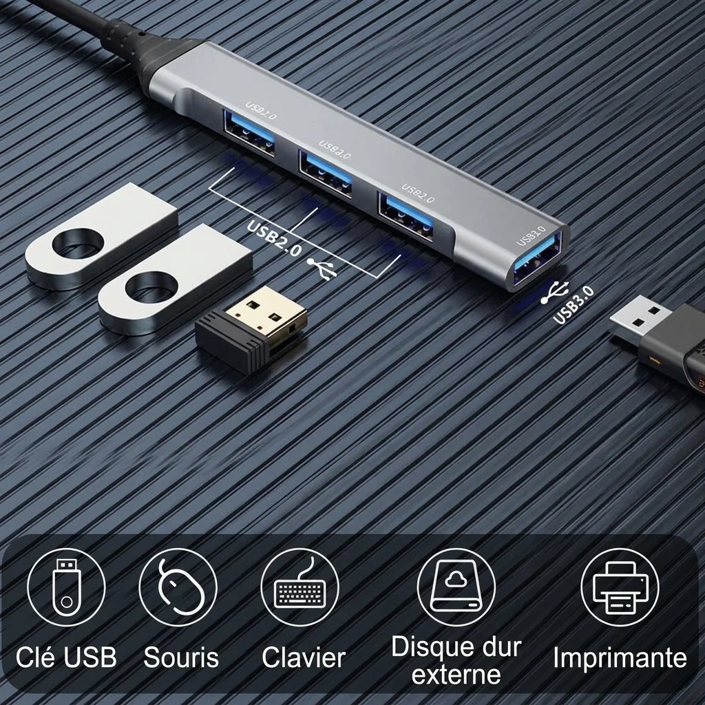 Adaptateur hub USB-C 4 en 1 avec 1 port USB 3.0 et 3 ports USB 2.0, boîtier en alliage d'aluminium pour un transfert haute vitesse