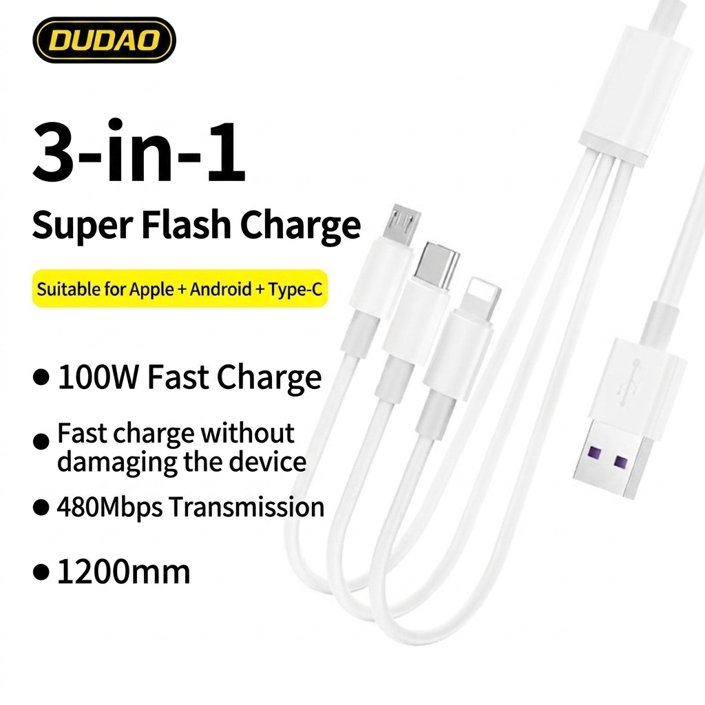 100W 3-in-1 Fast Charging Cable for iPhone, Android & Type-C, 480Mbps Data Transfer, 1.2m, White