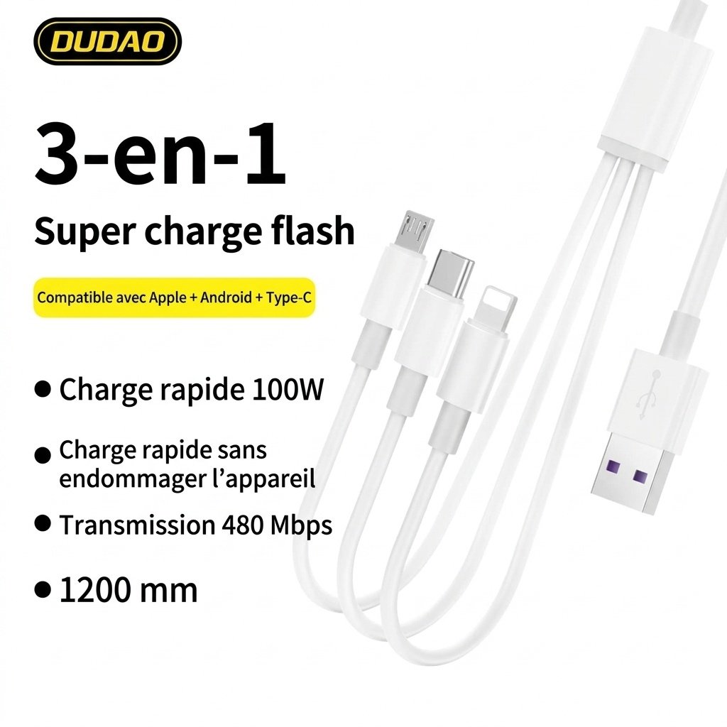 Câble de charge rapide 3-en-1 100 W pour iPhone, Android et USB-C, transfert de données 480 Mbit/s, 1,2 m, blanc