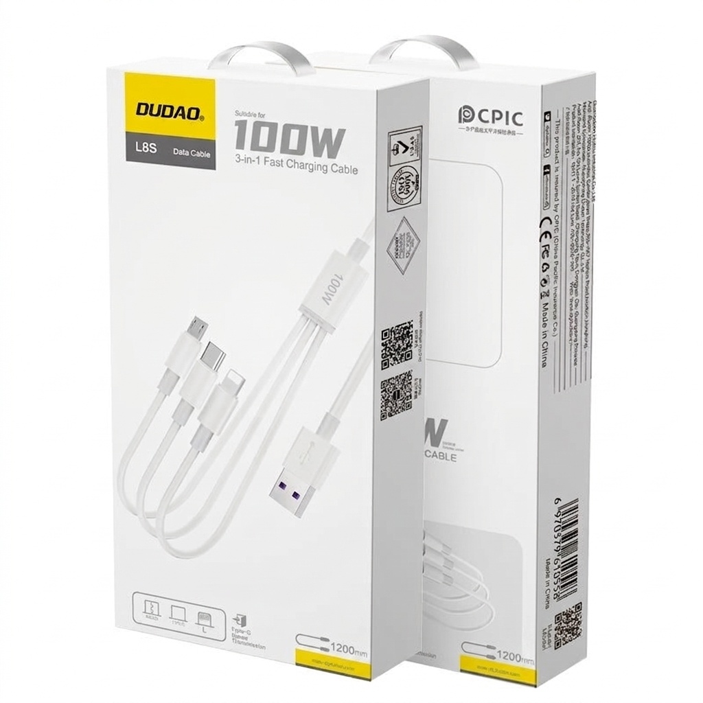 100W 3-in-1 Fast Charging Cable for iPhone, Android & Type-C, 480Mbps Data Transfer, 1.2m, White