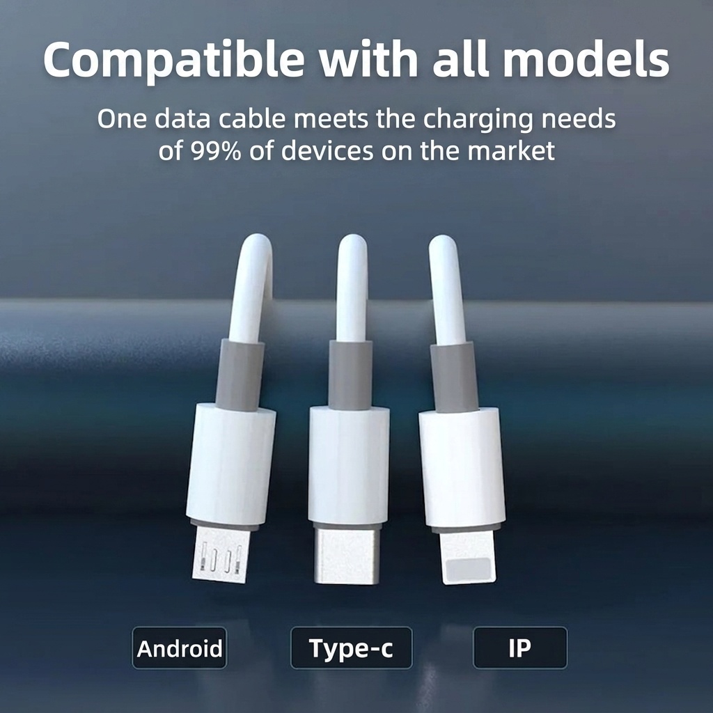 100W 3-in-1 Fast Charging Cable for iPhone, Android & Type-C, 480Mbps Data Transfer, 1.2m, White