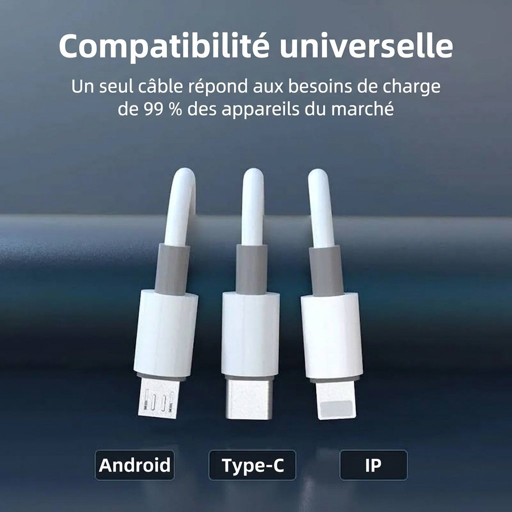 Câble de charge rapide 3-en-1 100 W pour iPhone, Android et USB-C, transfert de données 480 Mbit/s, 1,2 m, blanc