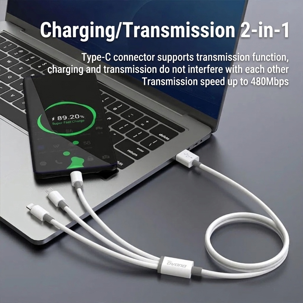 100W 3-in-1 Fast Charging Cable for iPhone, Android & Type-C, 480Mbps Data Transfer, 1.2m, White