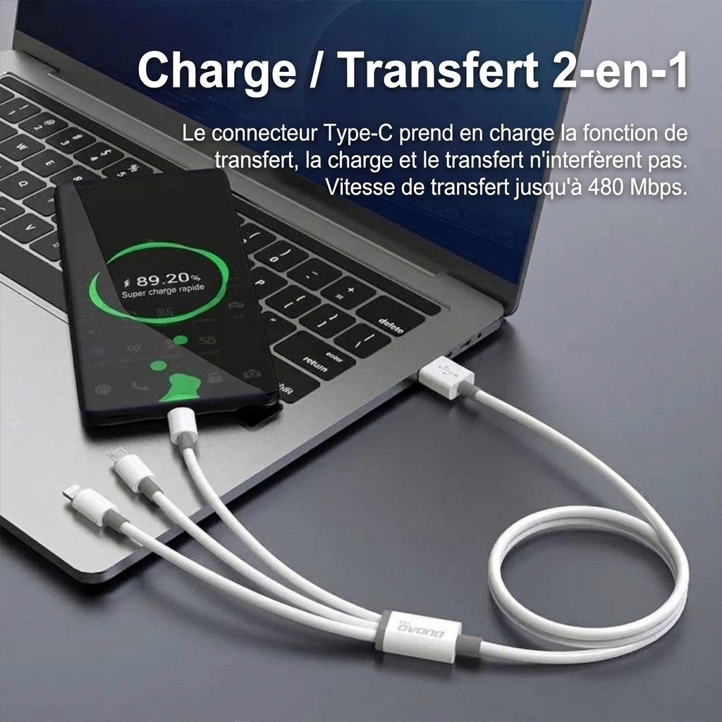 Câble de charge rapide 3-en-1 100 W pour iPhone, Android et USB-C, transfert de données 480 Mbit/s, 1,2 m, blanc