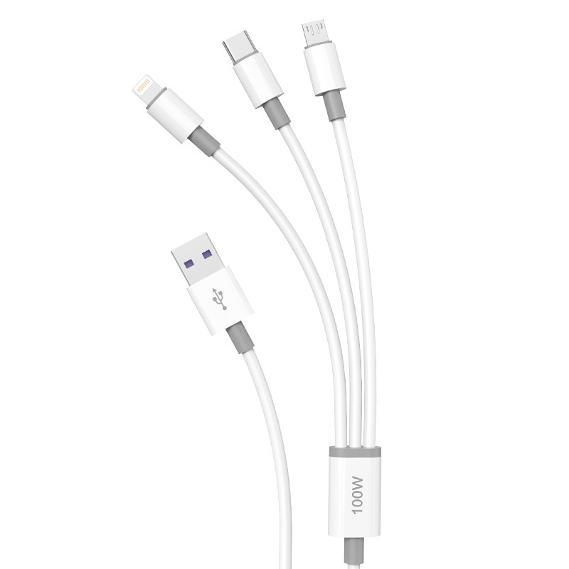 100W 3-in-1 Fast Charging Cable for iPhone, Android & Type-C, 480Mbps Data Transfer, 1.2m, White