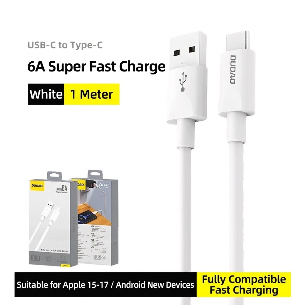 6A USB-C to USB-A Fast Charge Data Cable for iPhone 15-17 & Android, High-Speed Data Sync, White