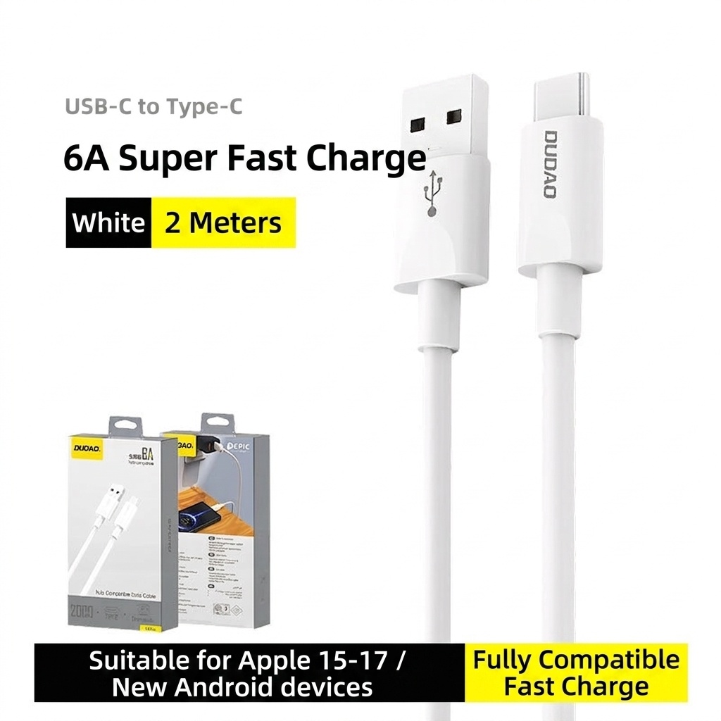 6A USB-C to USB-A Fast Charge Data Cable for iPhone 15-17 & Android, High-Speed Data Sync, White
