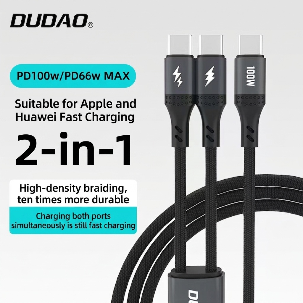 100W USB-C Fast Charging Cable 2-in-1 Type-C PD, Robust Braided Design, Universal Compatibility, Black