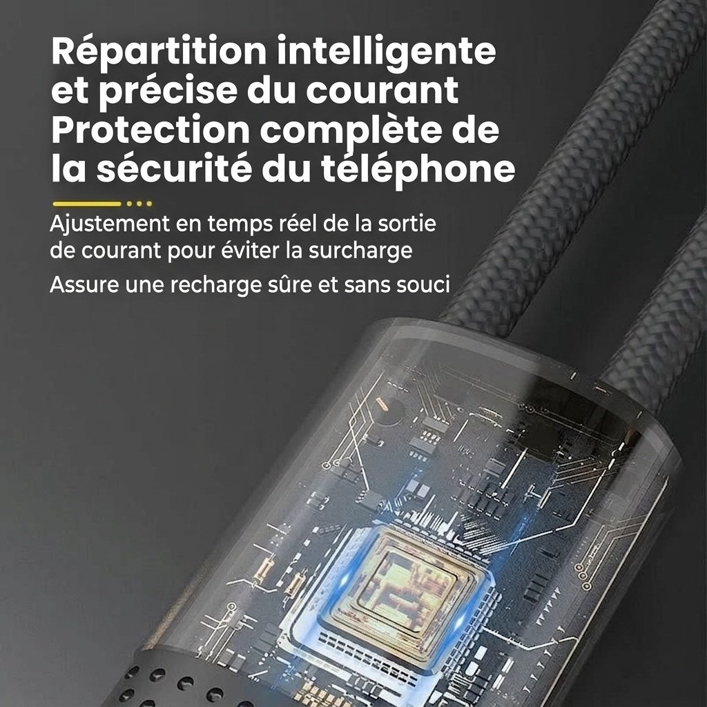Câble de charge rapide USB-C 100 W 2-en-1 Type-C PD, conception tressée robuste, compatibilité universelle, noir