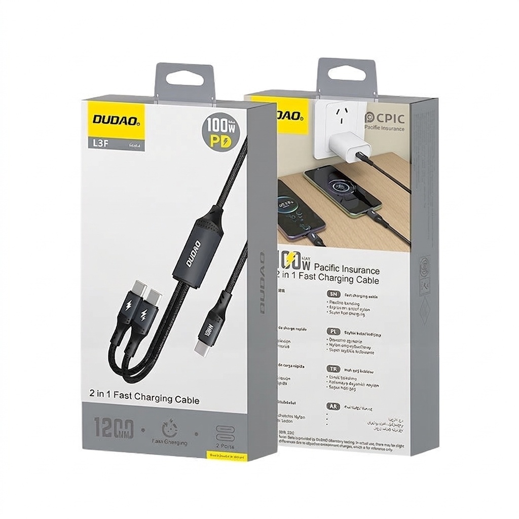 100W USB-C Fast Charging Cable 2-in-1 Type-C PD, Robust Braided Design, Universal Compatibility, Black