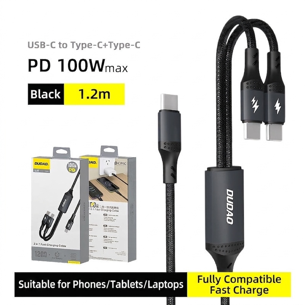 100W USB-C Fast Charging Cable 2-in-1 Type-C PD, Robust Braided Design, Universal Compatibility, Black