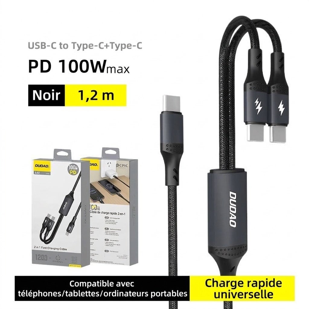 Câble de charge rapide USB-C 100 W 2-en-1 Type-C PD, conception tressée robuste, compatibilité universelle, noir