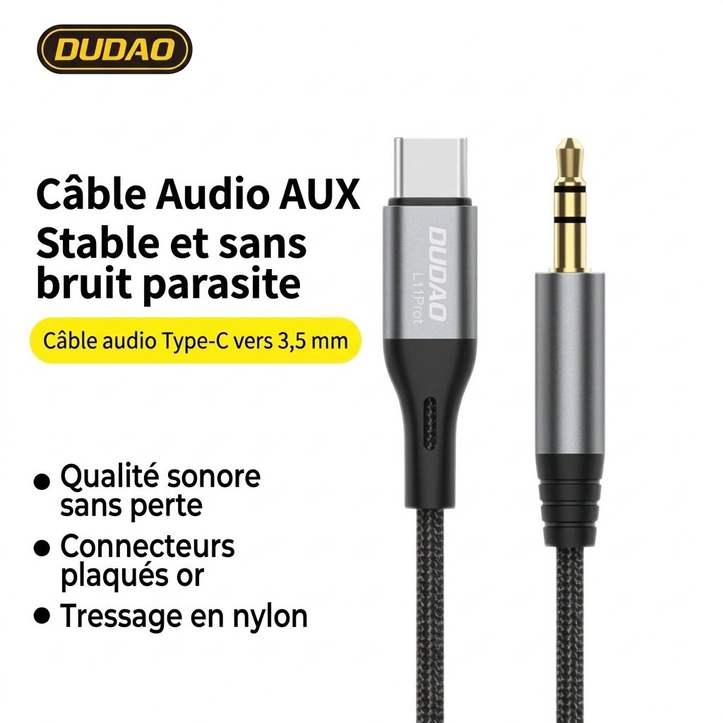 Adaptateur câble audio USB-C vers 3,5 mm, câble AUX tressé en nylon, connecteurs plaqués or, audio sans perte, noir