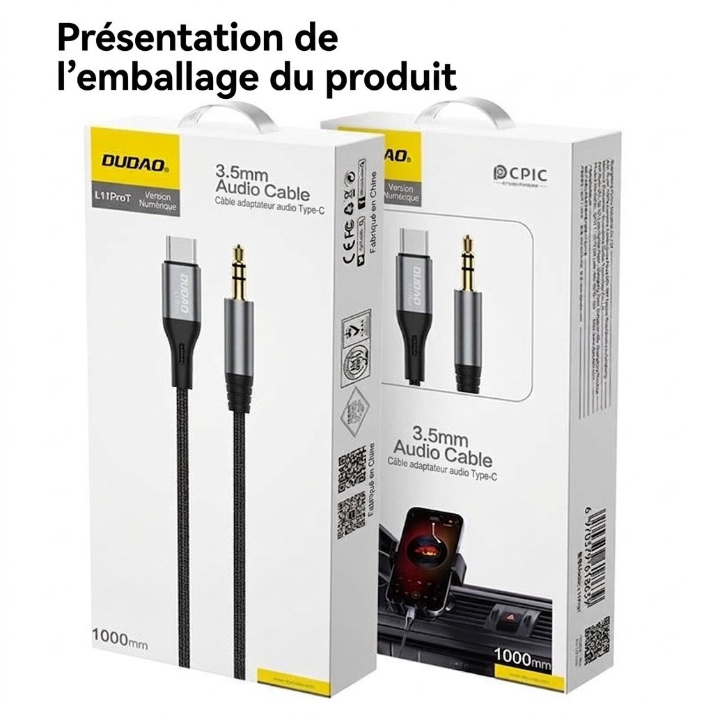 Adaptateur câble audio USB-C vers 3,5 mm, câble AUX tressé en nylon, connecteurs plaqués or, audio sans perte, noir
