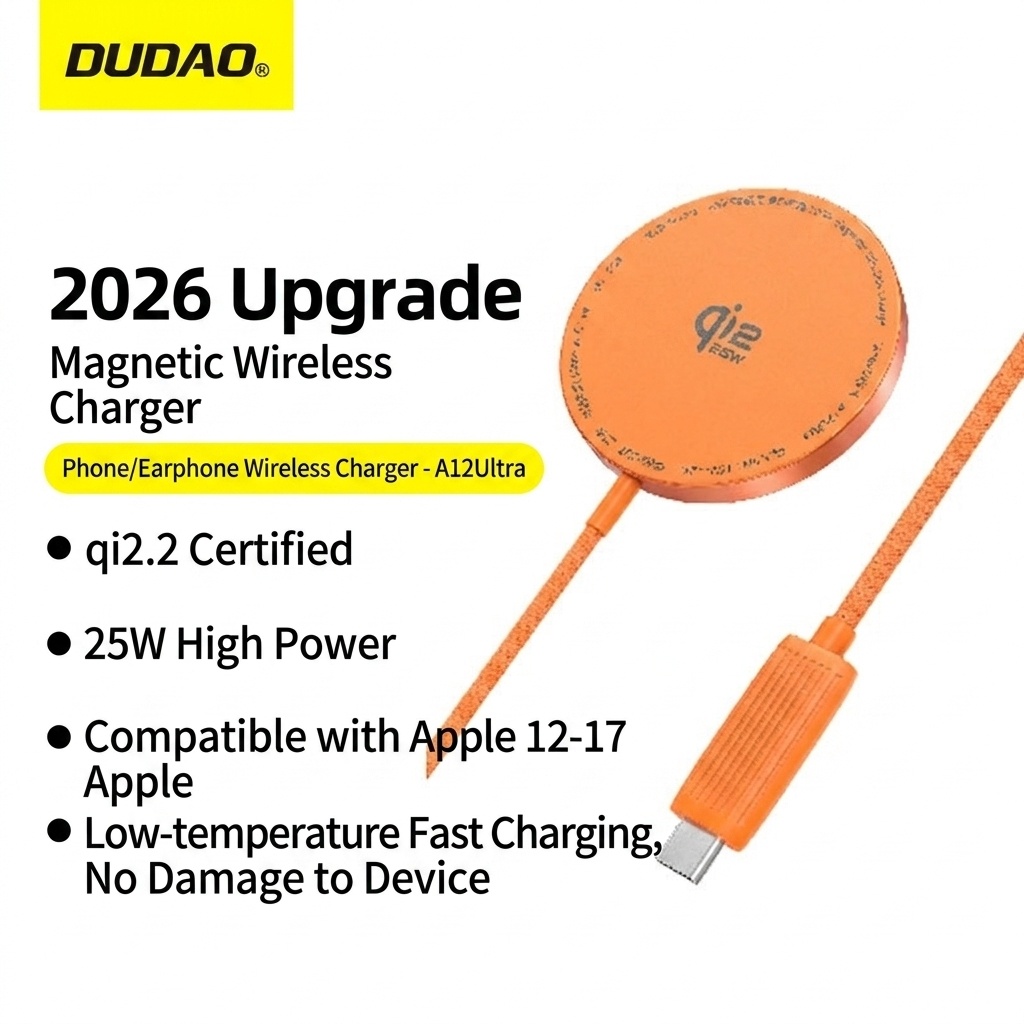 Qi2.2 25W Magnetic Wireless Charger for iPhone 12-17 Series, Low-Temperature Fast Charging, Orange/Silver